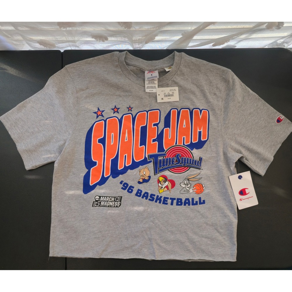 Champion Space Jam Tune Squad 96 Basketball Gray Crop Graphic T-Shirt Small NEW